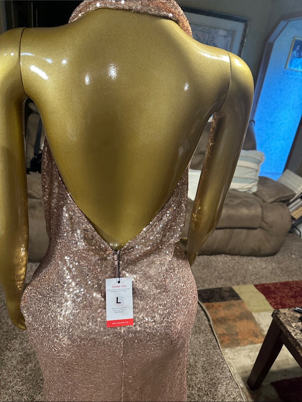 Sequined Cowl Halter Prom Dress in Rose Gold - Picture 10 of 10